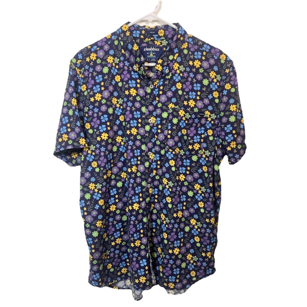 Chubbies Friday Short Sleeve Button Camp Shirt Purple Floral Men's L